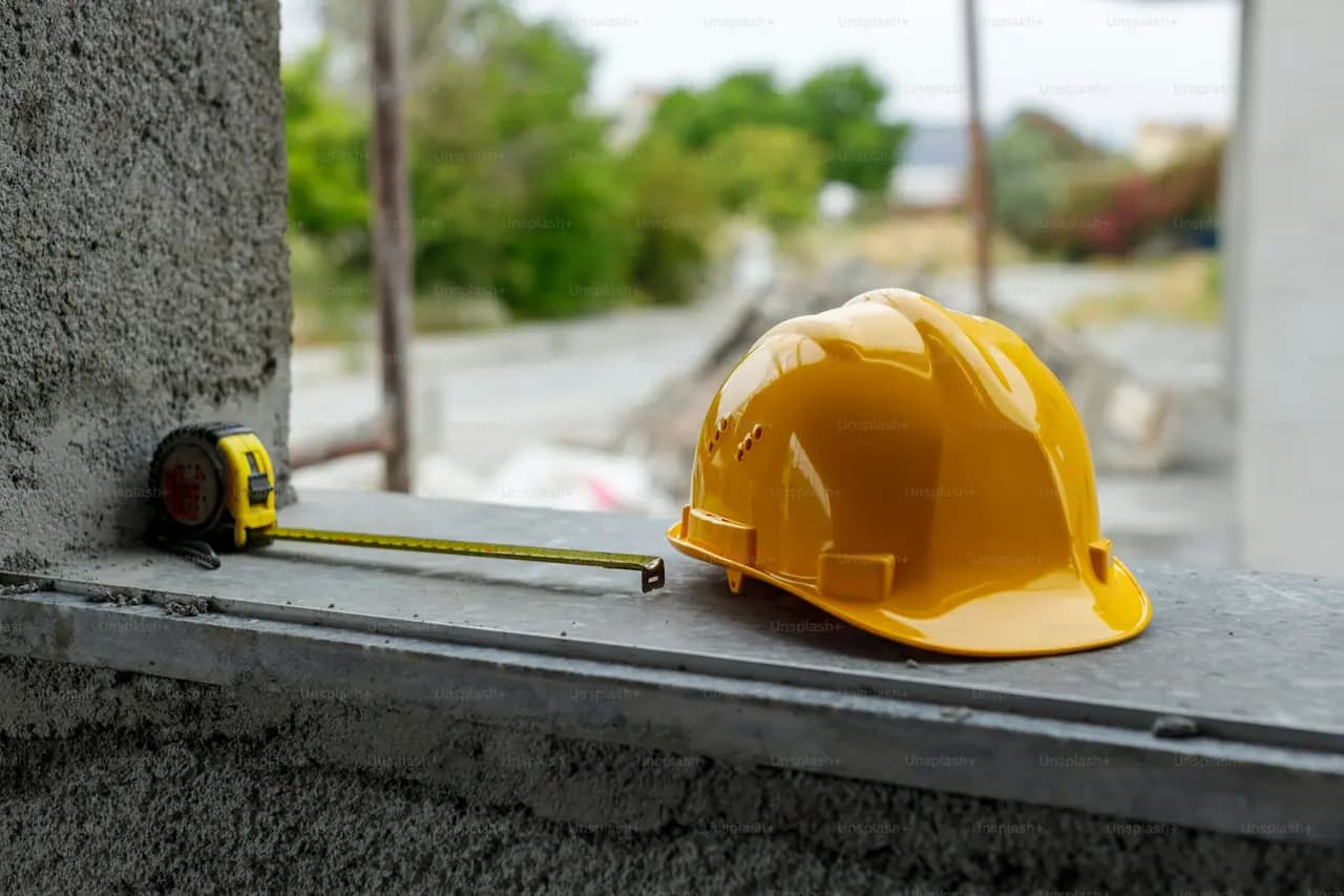 Técnico com capacete inspecionando a estrutura de um edifício
