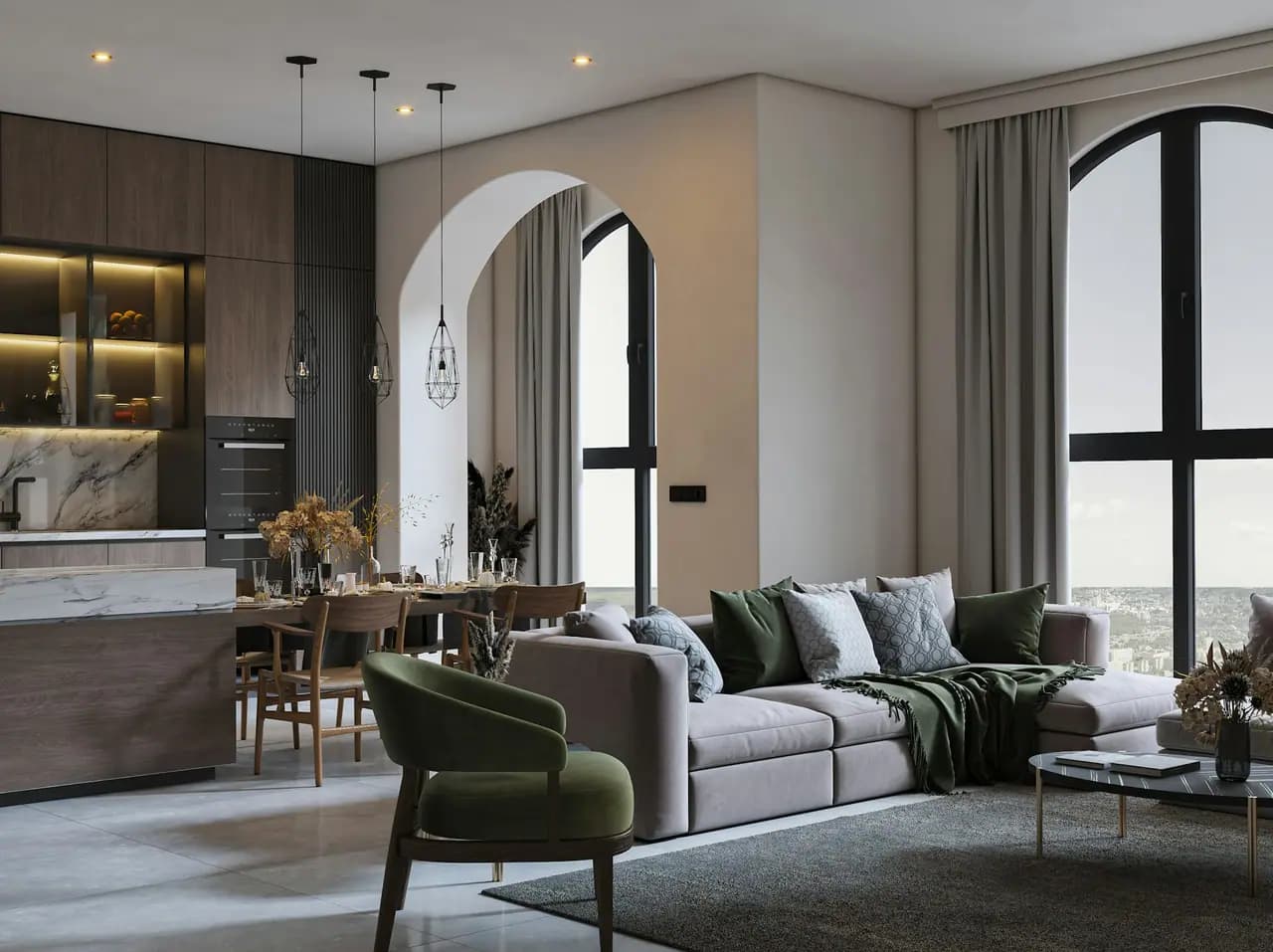Ambiente integrado de apartamento com espaço de trabalho